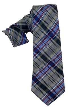 Ben Sherman Necktie Tie Plaid Tartan Silk Silver Sky Blue Hand Stitched NWOT